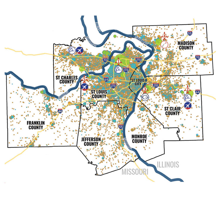 A map of the St. Louis region with dots representing the number of employees in each business location.