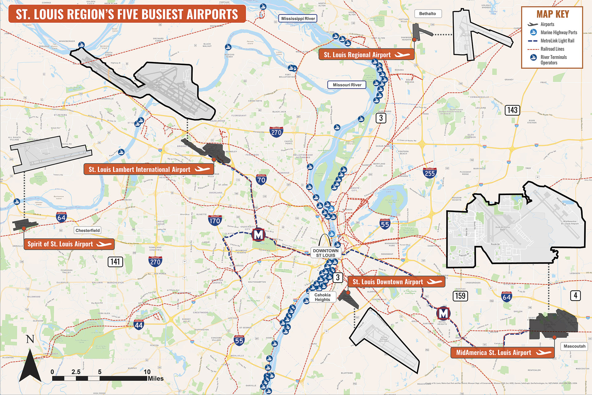 A map showing St. Louis' five busiest airports.