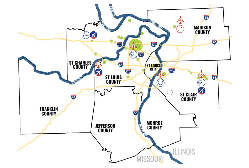 A map of the St. Louis region with markers representing the Aerospace Industry Business Locations.