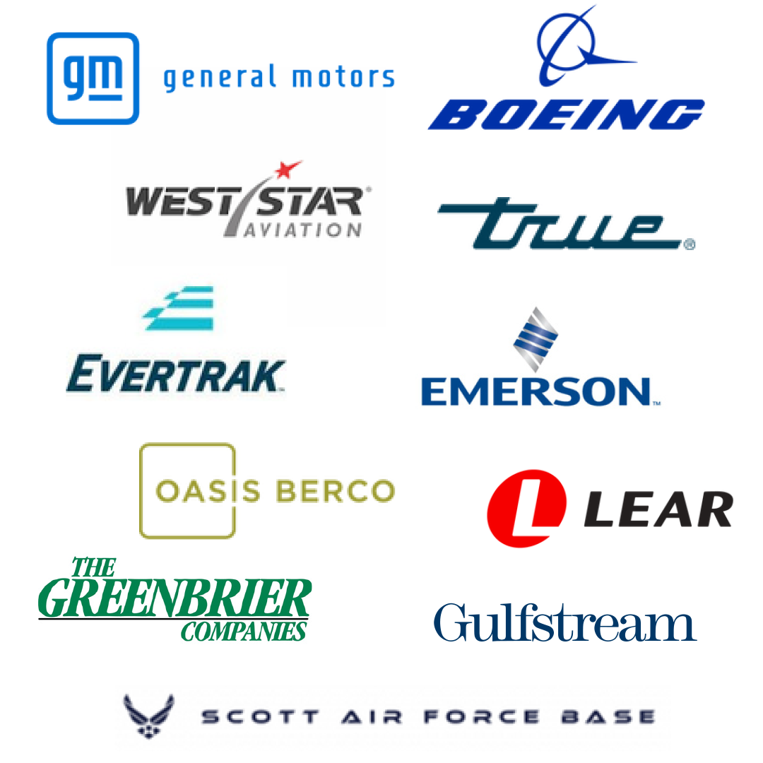 Group of 11 logos, including: General Motors, Boeing, West Star Aviation, True, Evertrak, Emerson, Oasis Berco, Lear, Greenbrier, Gulfstream, and Scott Air Force Base