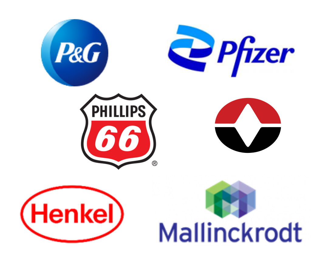 Group of 6 logos, including: Procter & Gamble, Pfizer, Phillips 66, Olin, Henkel, and Mallinckrodt