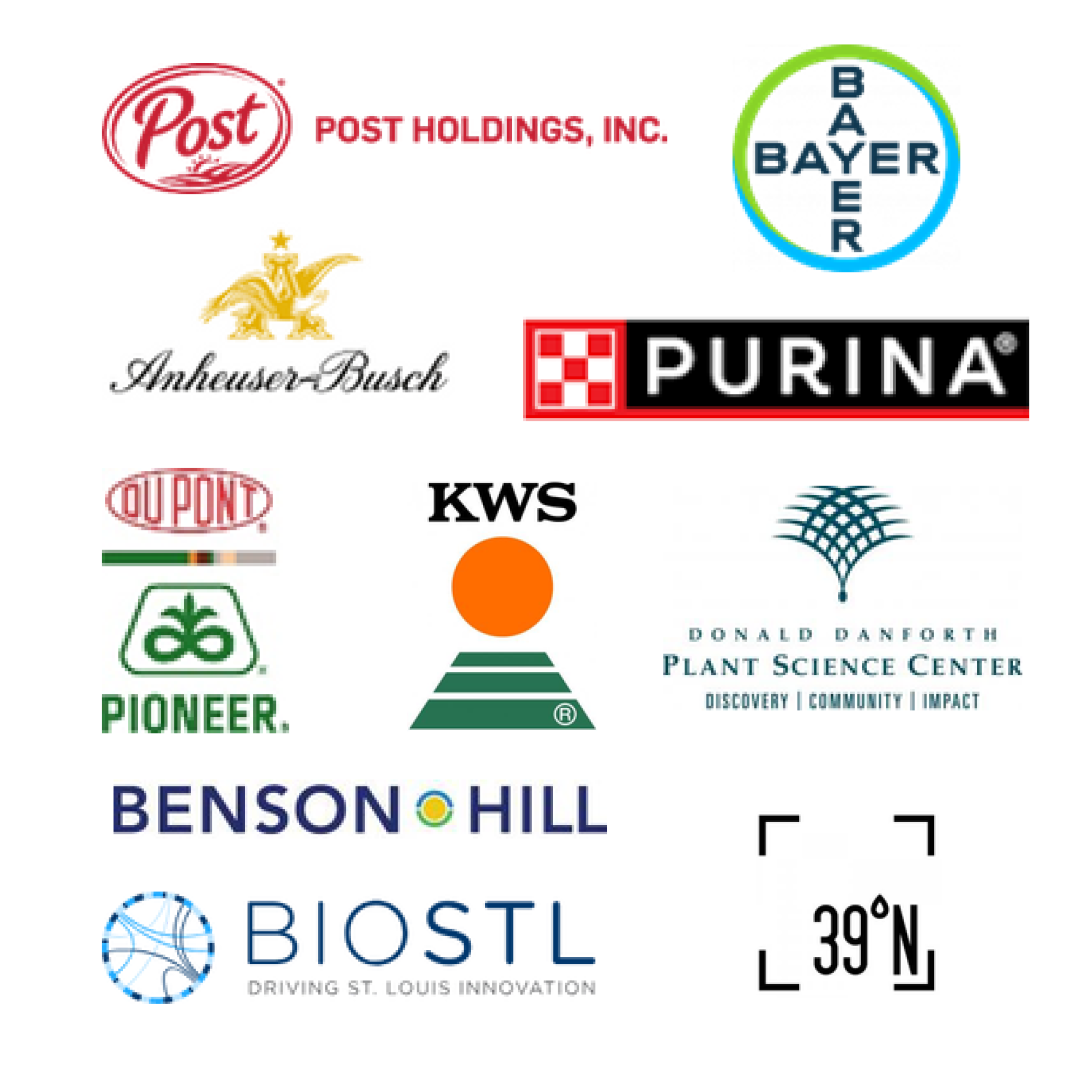 Group of 10 logos, including: Post Holdings Inc., Bayer, Anheuser-Busch, Purina, DuPont Pioneer, KWS, Danforth Plant Science Center, Benson Hill, BioSTL, and 39 North