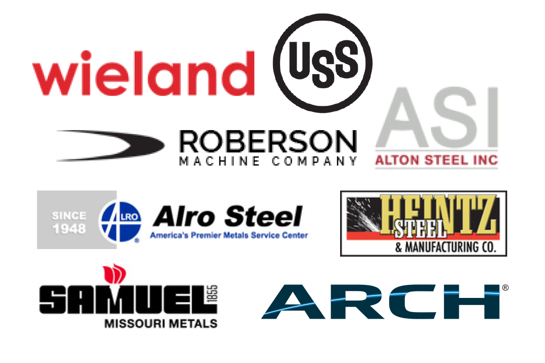 Group of 8 logos, including: Wieland, U.S. Steel, Roberson Machine Company, Alotn Steel Inc., Alro Steel, Heintz Steel, Arch Steel, and Samuel Missouri Metals