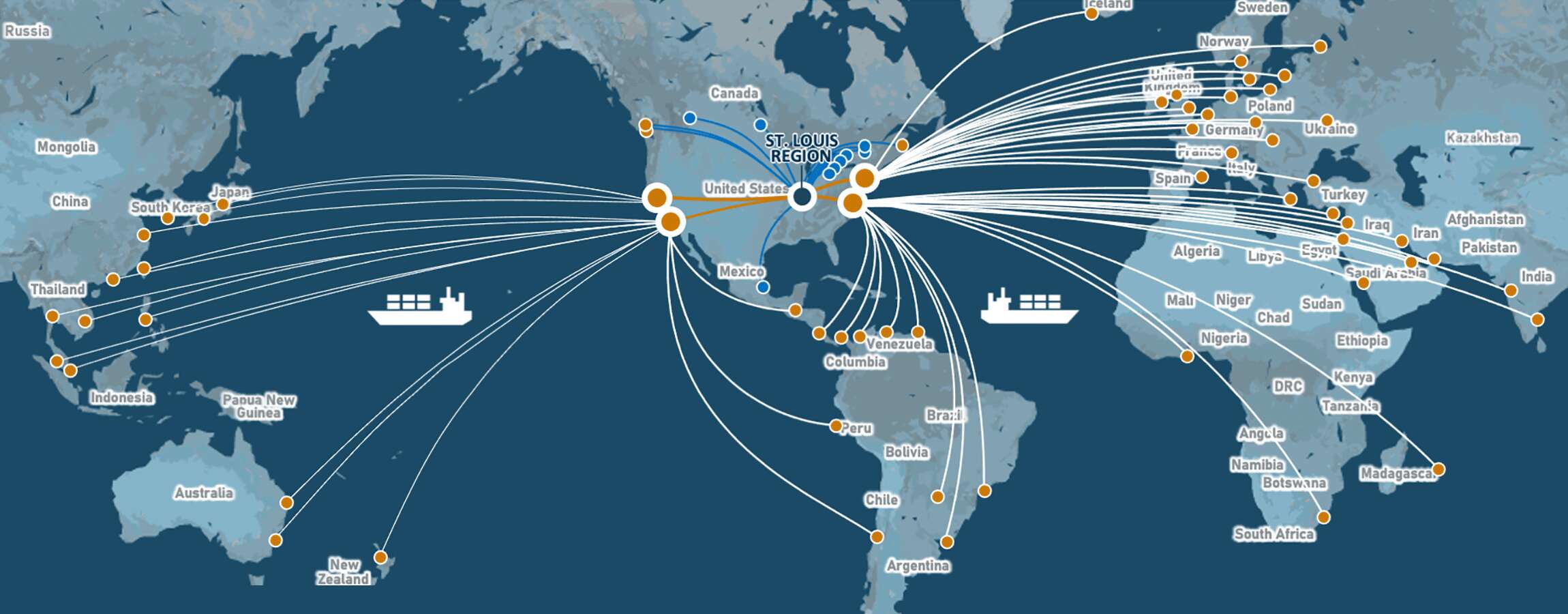 Map showing connectivity from St. Louis Region to all over the world via rail and shipping routes