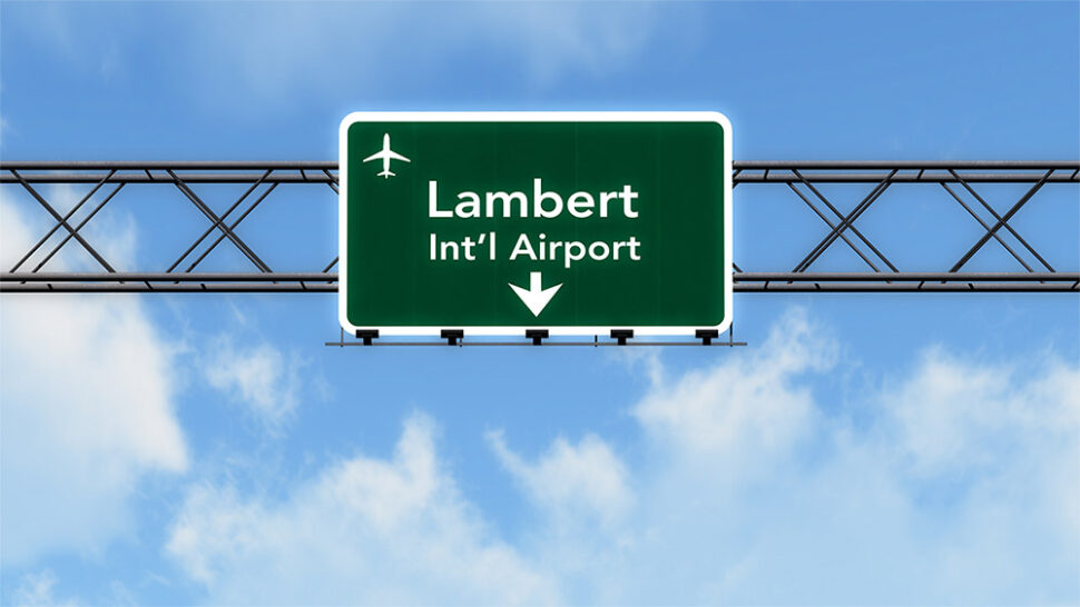 Graphic that shows a street sign saying Lambert Int'l Airport