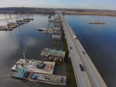 Aerial Photo of work being done on Chain of Rocks Bridge